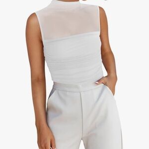 REORIA Women’s Sheer Mesh Sexy Bodysuits Mock Neck Sleeveless Shirts Ruched